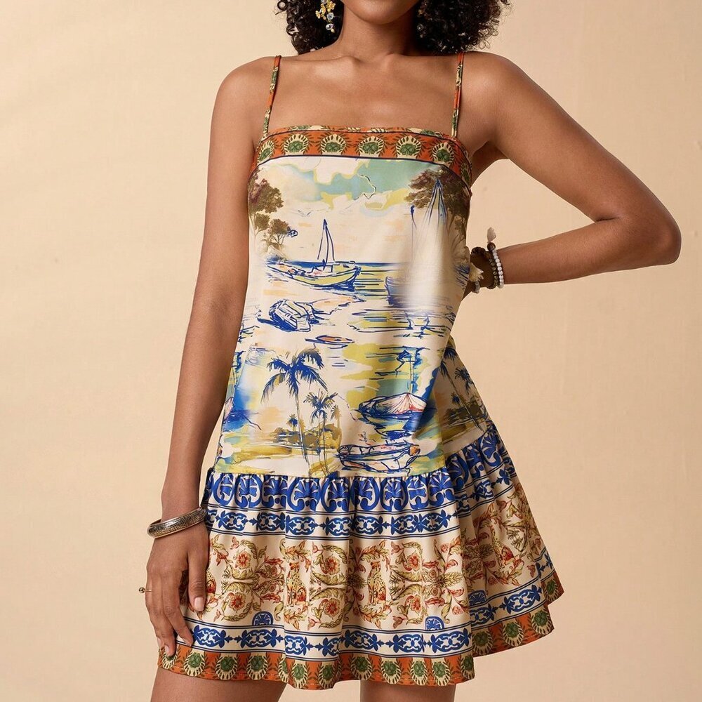Multicolor Boho Women's Resort Ruffled Hem Spaghetti Strap Tropical Print Dress - Picture 4 of 7